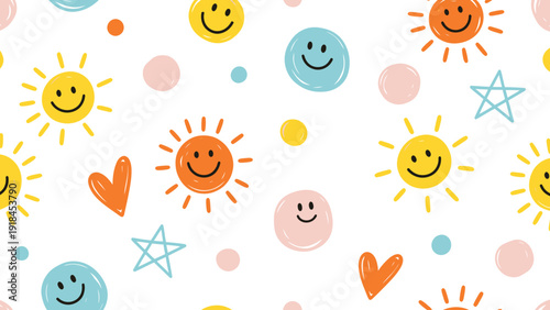 Playful sun doodles and smiley faces pattern.