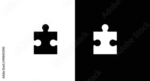 Puzzle Piece Icon Set in Black and White, Minimal Jigsaw Solution Symbol on Square Background