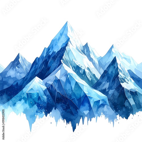 Watercolor illustration of a jagged mountain range with shades of blue and white, isolated