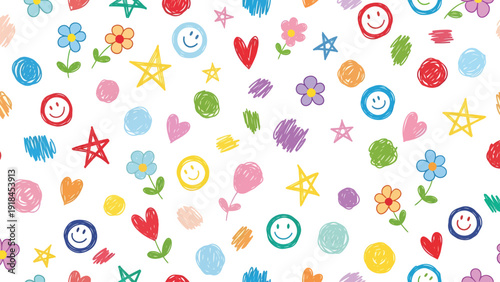 Colorful Doodle Pattern Illustration With Whimsical Shapes.