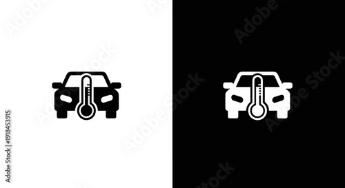 Car Temperature Warning Icon Set in Black and White, Engine Overheating Thermometer Symbol on Square Background