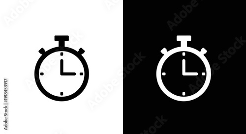 Timer Clock Icon Set in Black and White, Minimal Stopwatch Countdown Symbol on Square Background