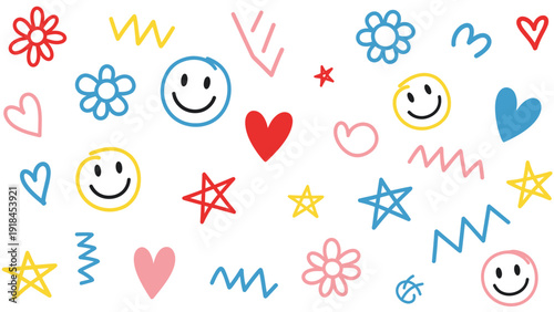 Colorful doodles and playful smiley faces hearts and stars.