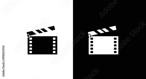 Film Clapperboard Icon Set in Black and White, Minimal Movie Production Slate Symbol on Square Background