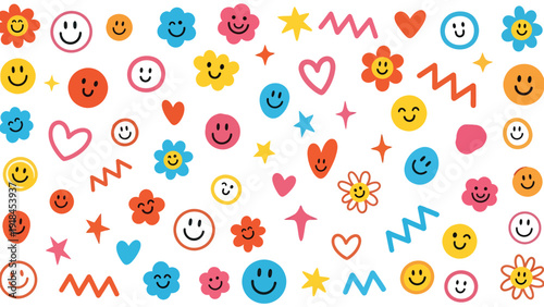 Colorful doodles and smiley faces pattern.