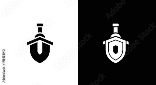 Shield and Sword Icon Set in Black and White, Minimal Security Protection Emblem on Square Background