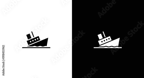 Sinking Ship Icon Set in Black and White, Minimal Boat Disaster Symbol on Square Background