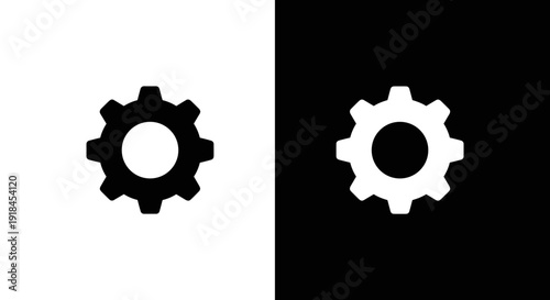 Gear Settings Icon Set in Black and White, Minimal Cogwheel Symbol on Square Background