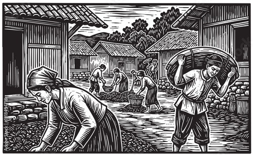 Rural cultural village life engraving, people working in traditional setting