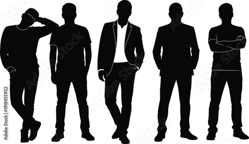 Silhouette of five stylish men in casual and formal attire standing in diverse poses over a white background
