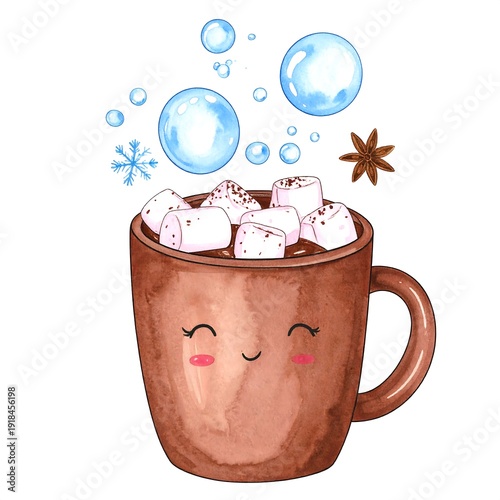Watercolor illustration of a smiling mug of hot cocoa, topped with marshmallows and winter accents