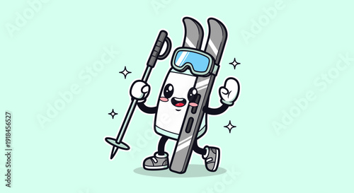 Playful Cartoon Ski Mascot Standing With Poles.