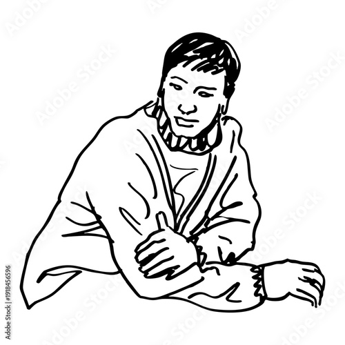 Portrait of a seated young man wearing a sweater. Hand drawn linear doodle rough sketch. Black and white silhouette.