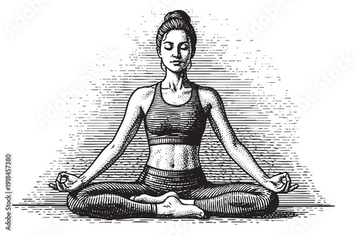 Engraving of Woman Doing Yoga, drawn in an engraved, woodcut style with fine details sketch engraving vector illustration. Scratch board imitation