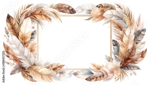 Watercolor illustration of a square frame surrounded by various feathers and foliage