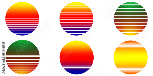 Retro striped sunset circle set inspired by 80s synthwave and vaporwave style. Vibrant gradient sun icons with horizontal lines.