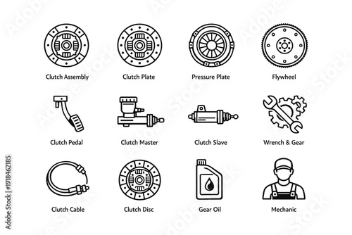 Automotive components: clutch assembly, flywheel, gear oil with mechanic icon