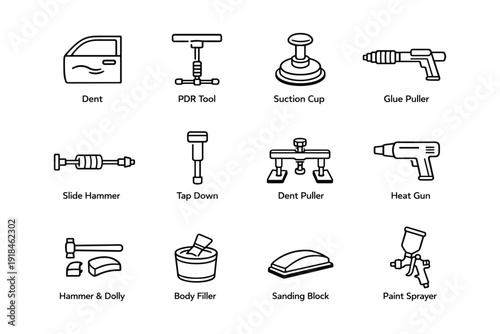 Paintless dent repair tools icons: slide hammer to suction cup