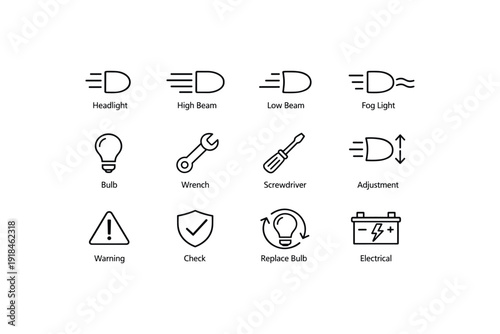 Automotive icon set: headlight, wrench, bulb, screwdriver, battery