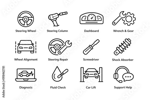 Car maintenance icons: tools, steering, dashboard, support