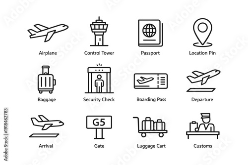 Airport icons: airplane, control tower, passport, location pin, baggage