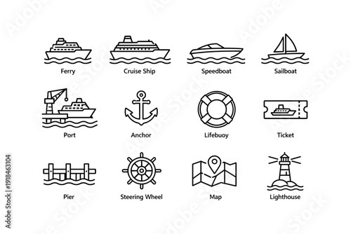 Set of nautical icons: ferry, cruise ship, sailboat, and more