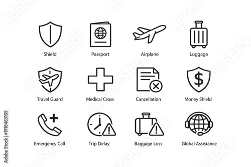 Travel insurance icons: shield, passport, airplane, luggage, medical, assistance