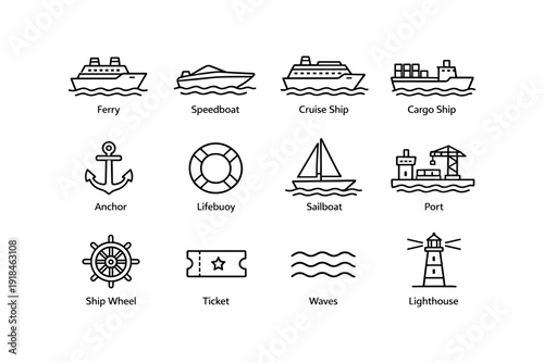 Maritime transport icons: ferry, speedboat, cruise ship, cargo ship, and nautical symbols