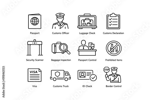Customs and border control icons: passport, officer, luggage, security, visa