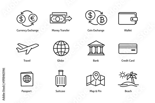 Currency and travel icons: exchange, transfer, wallet, travel, banking symbols