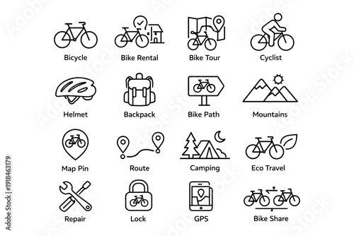 Bicycle icons: bike rental, cycling, travel, gps, camping symbols