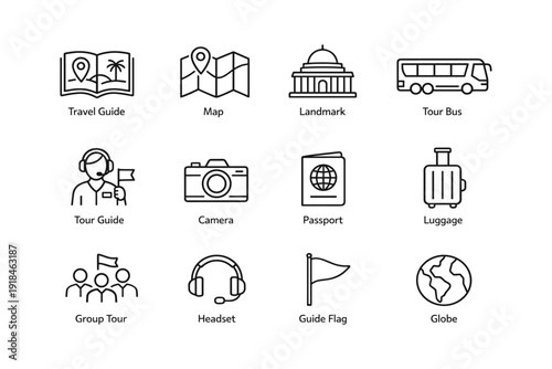 Travel icons set: map, landmark, tour, camera, passport, luggage, globe