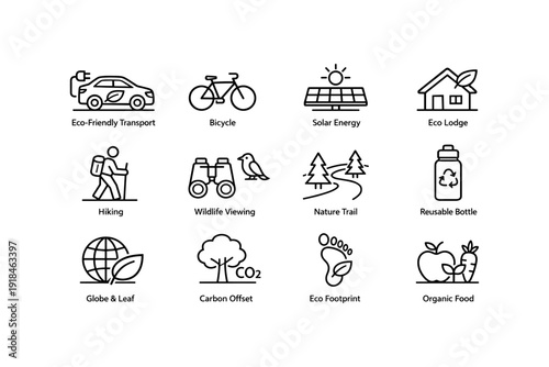 Eco-friendly icons: transport, energy, adventure, and sustainability