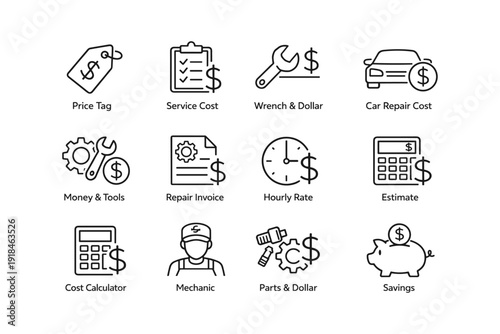 Automotive service icons: price, tools, repair, cost, savings