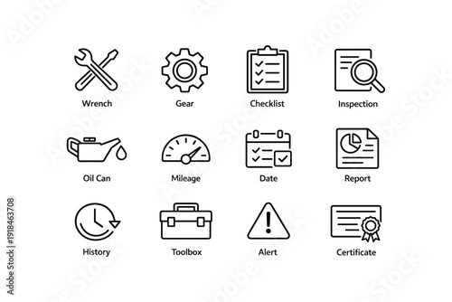 Maintenance tools and symbols: wrench, gear, checklist, oil can, toolbox, certificate icons