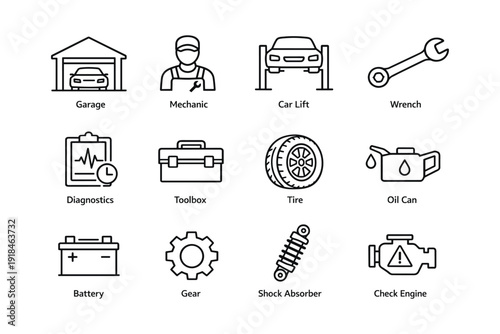 Set of garage and mechanic icons including car lift, toolbox, and wrench