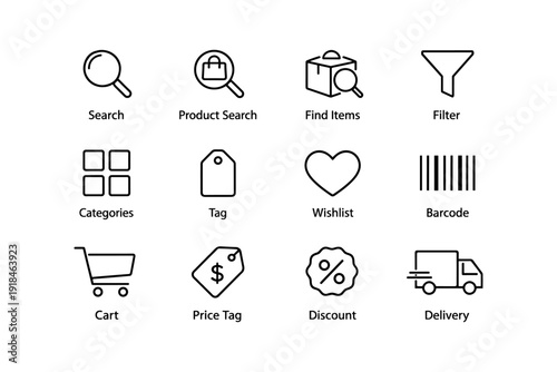 E-commerce icon set: search, filter, cart, wishlist, delivery