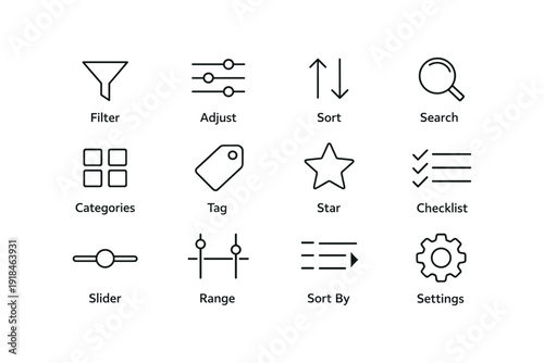 Minimalist line icons collection: filter, adjust, sort, search, categories, tag, star, checklist, slider, range, settings