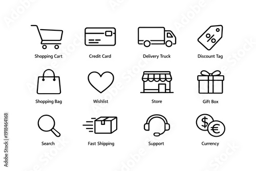 Online shopping icons: cart, credit card, delivery truck, discount tag, shopping bag