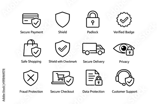Secure payment and privacy icons for online shopping and data protection