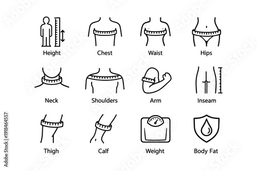 Body measurement icons: height, chest, waist, hips, neck, shoulders, arm, inseam, thigh, calf, weight, body fat