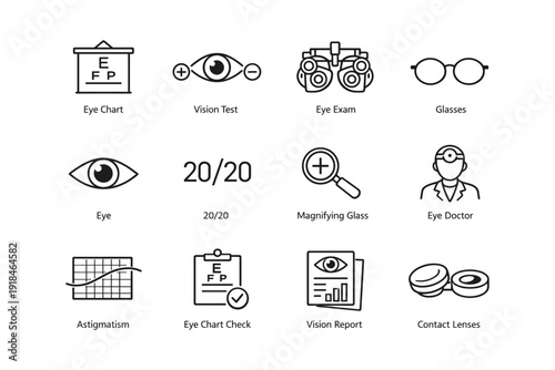 Vision care icons: eye chart, vision test, eye exam, and more