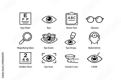 Eye care icons: chart, vision test, glasses, eye exam, lasik