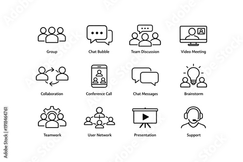Communication icons for teamwork and collaboration in virtual meetings