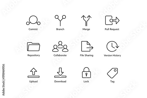 Icons for code collaboration and file management: commit, branch, merge, pull request