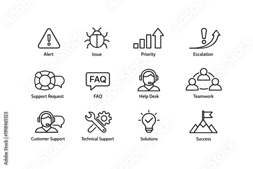Icons set: alert, issue, priority, escalation, support, faq, help desk, teamwork, solutions, success