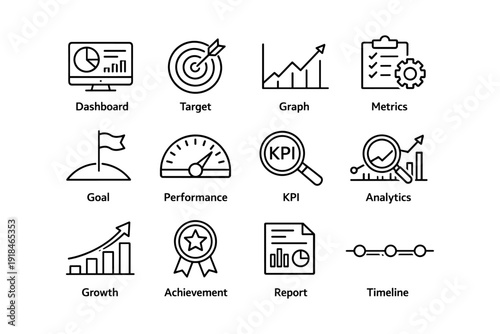 Business icons set: dashboard, target, graph, metrics, goal, performance, kpi, analytics, growth, achievement