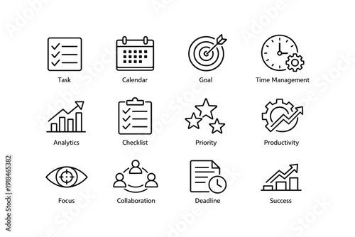 Business icons: task, calendar, goal, time management, analytics, checklist, priority, productivity