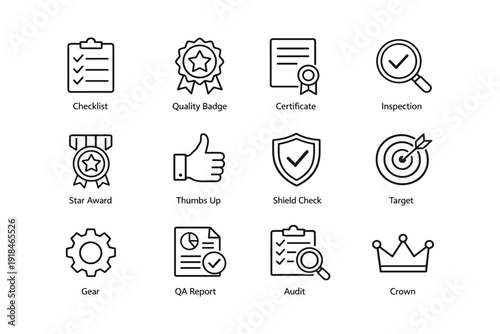 Checklist icons: quality badge, certificate, star award, gear, crown, shield check, thumbs up