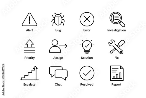 Technical support icons: alert, bug, error, investigation, solution
